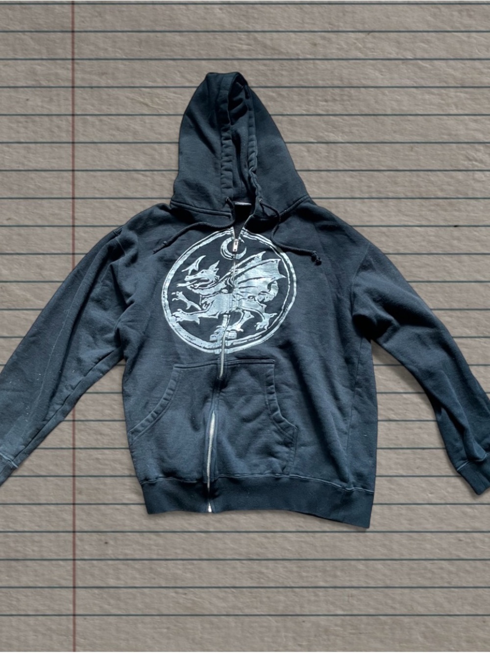 Men's Black Zip-Up Hoodie with White Dragon Graphic